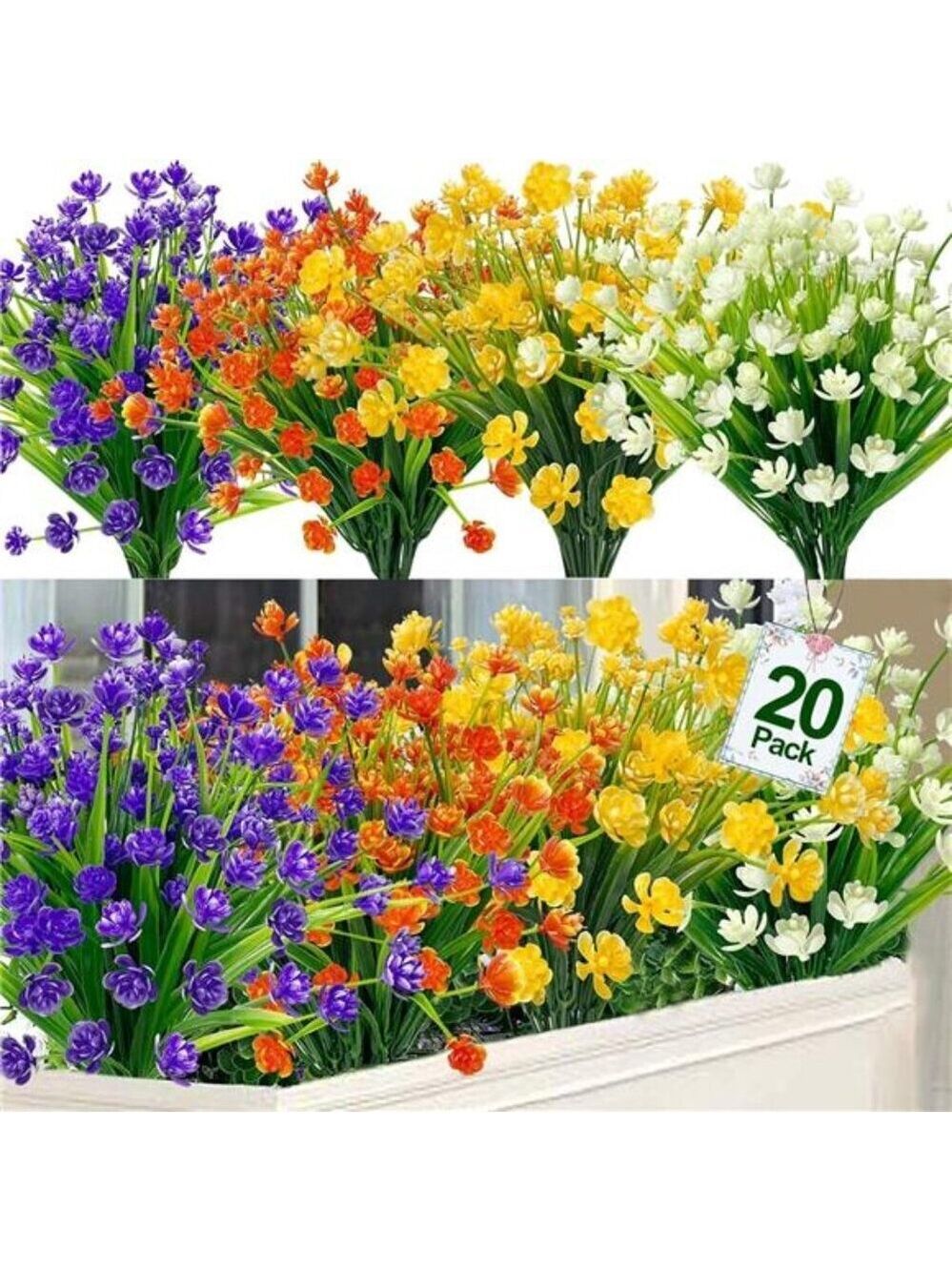 Artificial Flowers 20 Bundles Outdoor UV Resistant Plants Porch Garden Decor